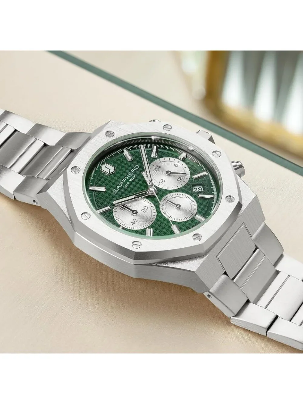 Men's Silver Strap Green Face Stainless Steel Octagonal Date Quartz Wrist Watch